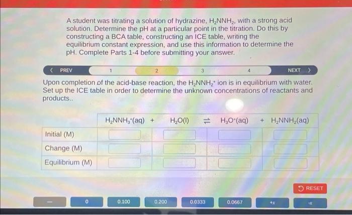 A student was titrating a solution of hydrazine