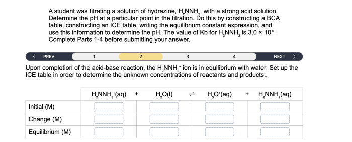 A student was titrating a solution of hydrazine